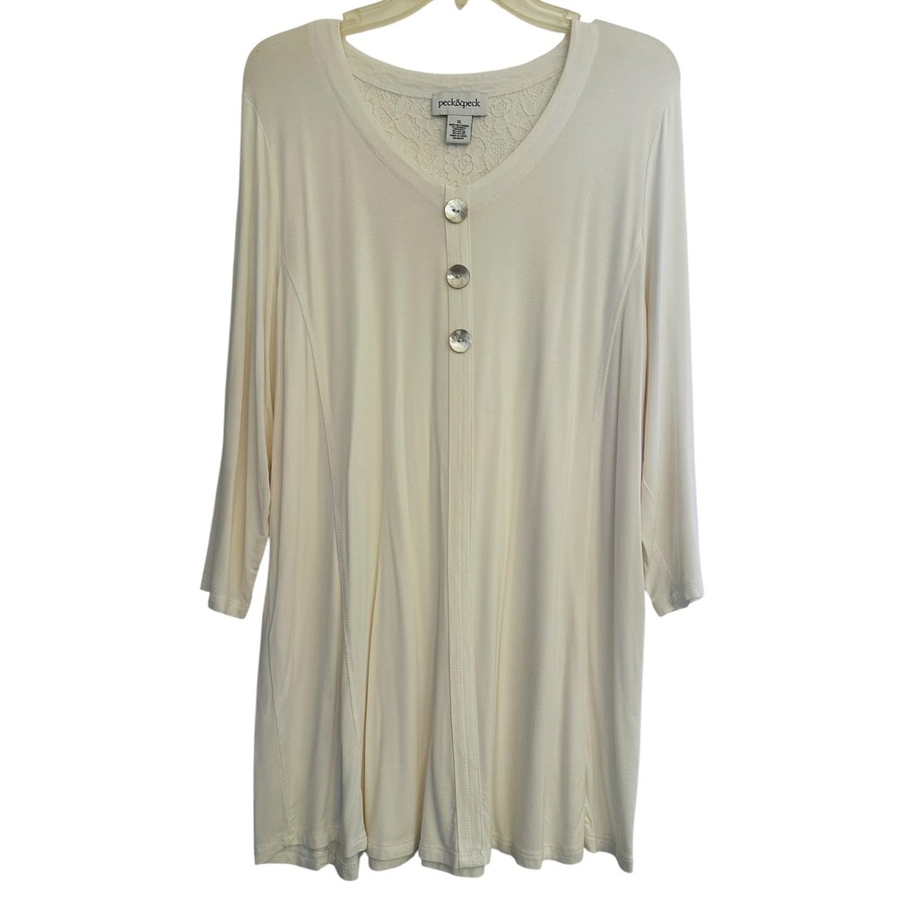 Peck & Peck Womens XL‎ Cream Lace V-Neck 3/4 Sleeve Modal Blend Tunic  Lagenlook